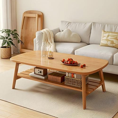 Amazon 2-Tier Foldable Modern Coffee Table Minimalist Wood Coffee Table with Storage Shelf Oval Mid Century Coffee Table for Small Apartment Living Room, Walnut 47" L x 19.5" W x 18" H thumbnail 4