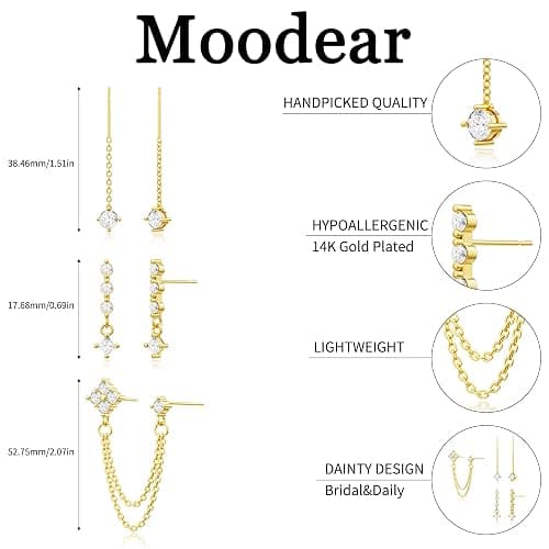 Moodear Dangle Earrings 3/4 Pairs Dainty 14K Gold Plated Earrings for Women Trendy Chain Earring Stacks Set Cubic Zirconia Drop Hoop Stud Hypoallergenic Earrings for Women Jewelry Gifts thumbnail 6