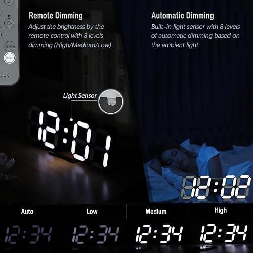 KOSUMOSU Digital Clock 3D LED Wall Clock for Living Room Decor 9.7" Alarm Clocks Black Clock Wall Decor Digital Wall Clock,Remote Control/Dimmer/Date/Temperature thumbnail 5