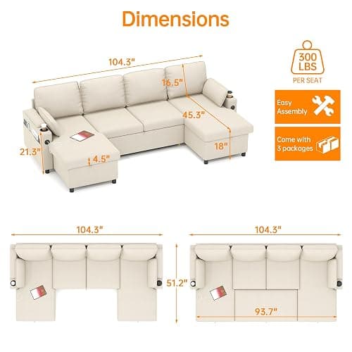 DURASPACE Sofa Bed Pull Out Couch Sleeper with Double Storage Chaise, U Shaped Convertible Sectional Sleeper Sofa for Living Room with USB Charging Ports, Cup Holder (Beige) thumbnail 2