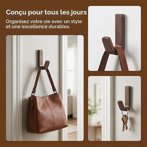 Lot de 6 Patères en J Couleur Noyer, pour Salle de Bain, Chambre, Entrée | Crochets Autocollants en Bois de Noyer Type J, Surface Polie, Wall Mount Walnut Wooden Hooks for Hanging, Patère Bois Murale thumbnail 5