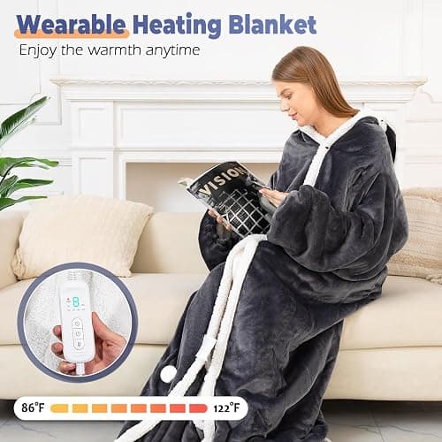 Wearable Heated Blanket with Foot Pocket, Electric Wearable Throw Blanket with Sleeves, Hood, Portable Heated Blanket with 8 Heat Settings, 1-10 Hours Auto Shut-off, Gift for Family, Friends, 50*70" thumbnail 2