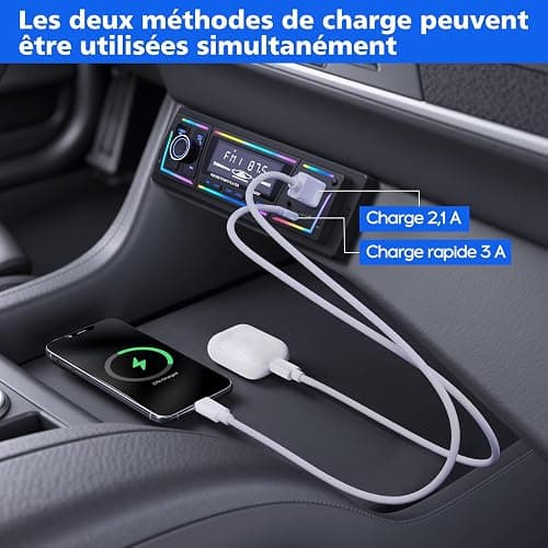 Autoradio Bluetooth RDS avec Port de Charge Type-C, Multi-éclairage Mode Lecteur,FM/AM 1DIN Autoradio 2 USB/MP3/AUX/carte SD/Réglages Audio DSP/EQ thumbnail 3
