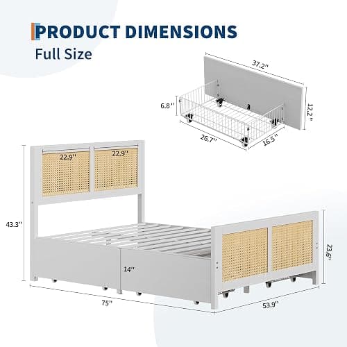 Garvee Rattan Full Bed Frame with LED Headboard (7 Colors), Boho Cane Platform Bed with 4 Large Drawers, Strong Metal Slats Support, Noise Free, No Box Spring Needed, Easy Assembly, White thumbnail 2