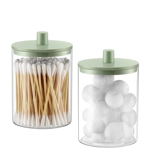 TIPGO Glass Qtip Holder Dispenser for Bathroom - 10 oz Clear Canister Apothecary Jar for Cotton Swabs, Balls, Pads, Floss Picks, Small Containers for Makeup Storage Organizer (2 Pack, Green) - Image 1