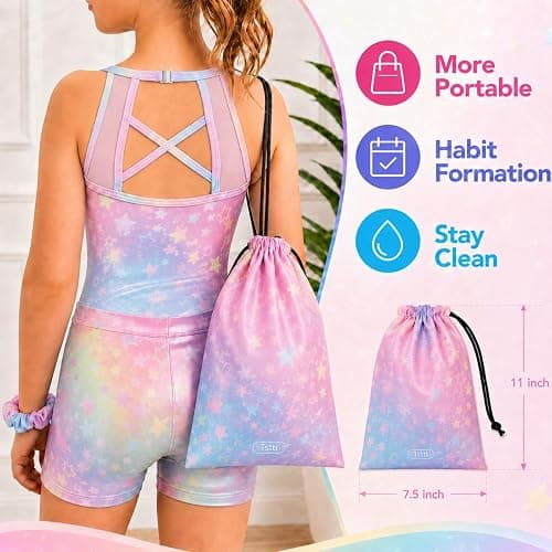 Tstiti Gymnastics Leotards for Girls Clasp Back 4-Piece | for 3-12 Years, including leotard, shorts, Scrunchie, storage bag, Sleeveless, Stretchy Fabric, Clasp Back, Mesh thumbnail 2
