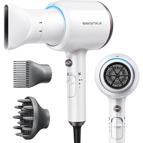 Wavytalk Hair Dryer with Diffuser and Comb, 1875W Hair Blow Dryer with Diffuser for Curly Hair Fast Drying, Quiet Lightweight Design, White - White