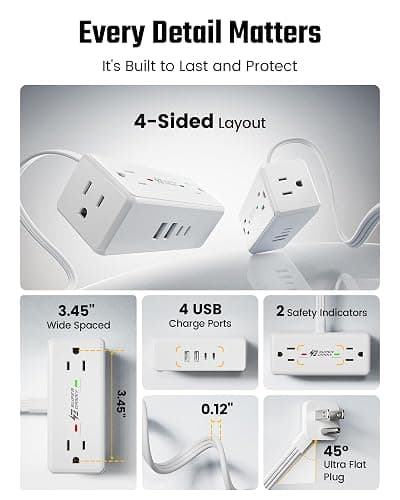 6 Ft Flat Plug Extension Cord with Multiple Outlets, SUPERDANNY Surge Protector Power Bar with 4 Outlets & 4 USB Ports (2 USB C), Small Outlet Extender for Home, Office Supplies, Dorm, Travel, White thumbnail 9