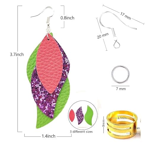 AOUXSEEM 181 Pcs Leaf Faux Leather Earrings Making Kit for Beginner, Contains 60 Pre Cut Lightweight Glitter Printed Synthetic Fabric Pieces and Hypoallergenic Hooks Jump Rings (Solid A) thumbnail 3