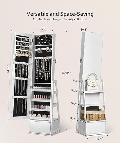 Nicetree 360°Swivel Jewelry Cabinet, Rotatable Full Length Mirror with Jewelry Storage, Standing Jewelry Armoire Organizer, Lockable Jewelry Organizer with 3 Rear Shelves, Bottom Drawer, Pure White thumbnail 3