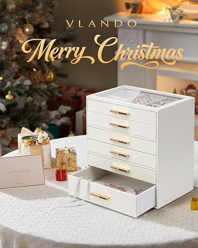 Vlando 6 Layer Jewelry Box for Women, Glass Lid Jewelry Organizer with 6 Drawers for Necklaces Rings Earrings Bracelets - Cloud White thumbnail 3