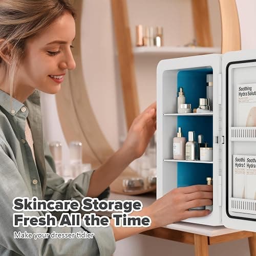 Kikihuose 22L/30Cans Mini Fridge for Bedroom, 12v DC Portable Cooler & Warmer, Mini Refrigerator with Glass Front, for Car Office Desk & Dorm Room Food Beverage Skincare Makeup (22L, Classic White) thumbnail 6