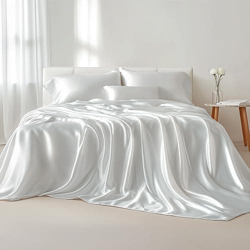 Bedsure White Satin Sheets Queen Size - 4 Piece Silky Bedsheets with 15 Inches Deep Pocket Fitted Bedsheet,1 Flat Sheet, 2 Satin Pillowcases, Good for Hair & Skin (Queen, White) - Image 1