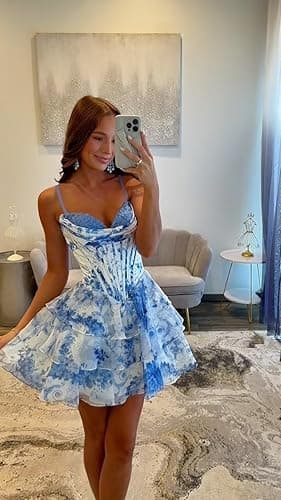 camftbo Spaghetti Straps Short Homecoming Dresses for Teens 2025 A Line Corset Tiered Cocktail Party Dress - Floral Dusty Blue - 4 thumbnail 3