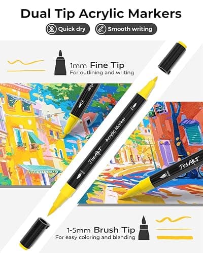 JusArt 60 Colors Dual Tip Acrylic Paint Pens Markers, Brush and Fine Tip, Premium Paint Pens for Wood, Canvas, Egg, Stone, Fabric, Rocks, Metal, Glass, Ceramic, DIY Crafts Making Art Supplies Gifts thumbnail 2