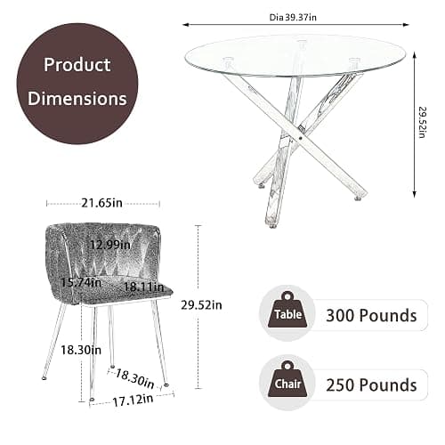 HAIZAO Golden Round Dining Table Set for 4, 39'' Clear Glass Top Dinner Table Set, 5 Pieces Modern Luxury Circle Kitchen Table and Pink Woven Chairs Set, Small Circular Dinette Set, for Apartment thumbnail 2