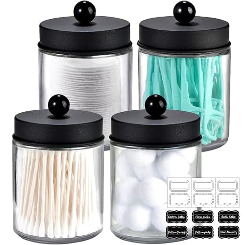 Amolliar 4 Pack Apothecary Jars Bathroom Vanity Storage Organizer Set -Countertop Canister with Stainless Steel Lids &Cute Stickers - Qtip Dispenser Holder for Qtips,Cotton Swabs,Makeup Sponges(Black) - Image 1