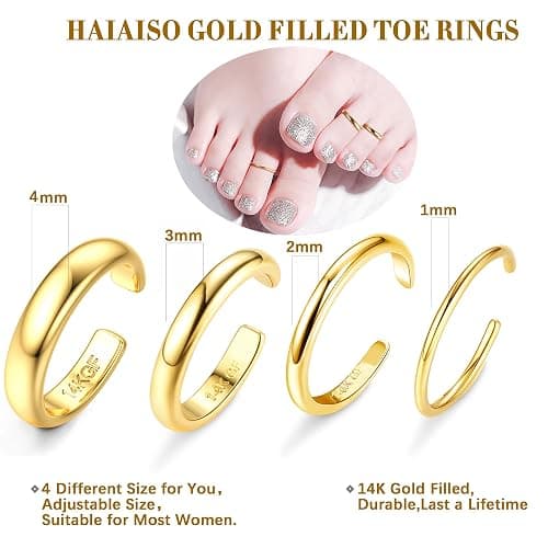 HAIAISO 14K Gold Plated Toe Rings Adjustable Toe Ring for Women Thin Toe Rings Open Band Toe Ring Summer Beach Foot Jewelry Set thumbnail 2