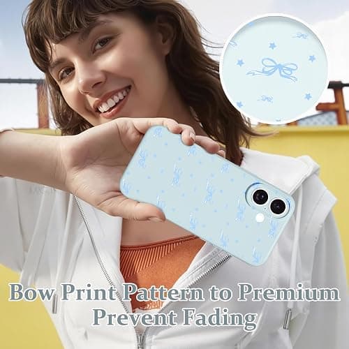 lioscre Cute Bow Phone Case for iPhone 17 6.3", Aesthetic Blue Star Ribbon Bowknot Pattern Print Design Women Girly Case Gloss Raised Camera Protective Cover Soft Slim Silicone Shockproof TPU Funda thumbnail 7