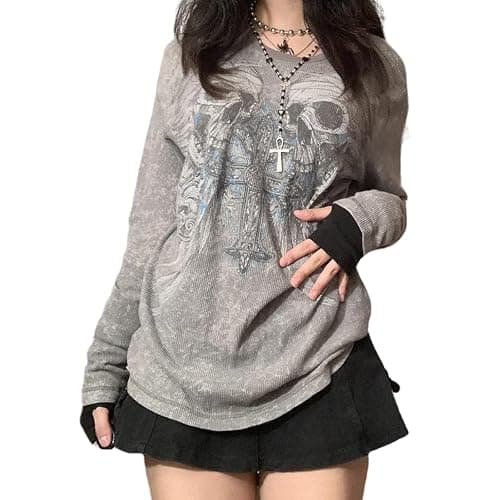 Women Vintage Fairy Grunge Y2K Long Sleeve Shirt Skull Graphic Printed Gothic Tee Tops Aesthetic Harajuku Tops - Image 1