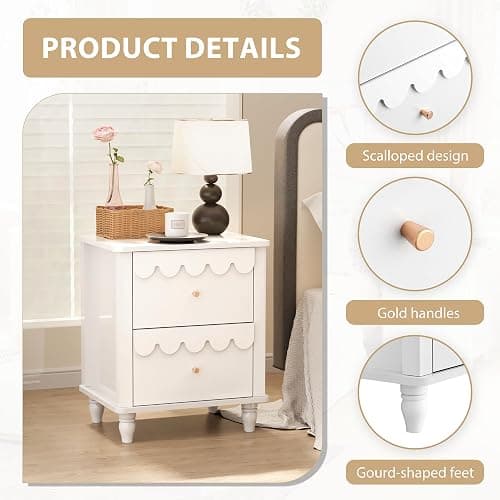 White Nightstand Side End Table with 2 Drawers, Modern Wood Night Stand with Petal Pattern for Bedroom, Scalloped Bedside Night Tables with Solid Wood Legs thumbnail 6