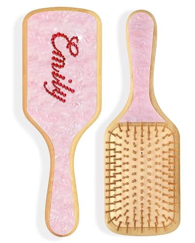 Personalized Rhinestone Hair Brush with Name - Custom Bling Hairbrush for Women & Girls, Handmade Marble Bamboo Wood Brush for Scalp Massage, Detangling, Gifts(Pink Sugar) - Image 1