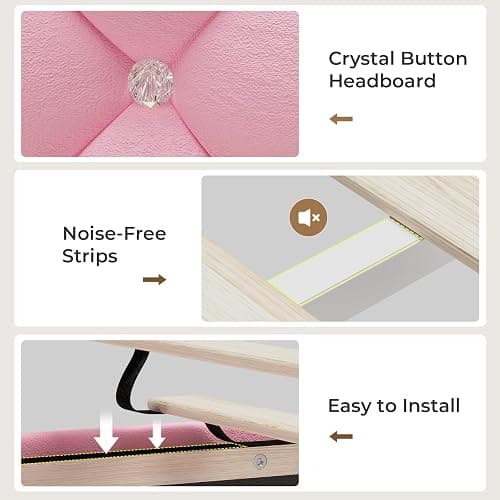 HAUOMS Twin Size Bed Frame with LED Lights, Princess Velvet Upholstered Platform Bed for Girls, Headboard with Charging Station & Guardrail & Crystal Button, No Box Spring Needed, Pink thumbnail 7