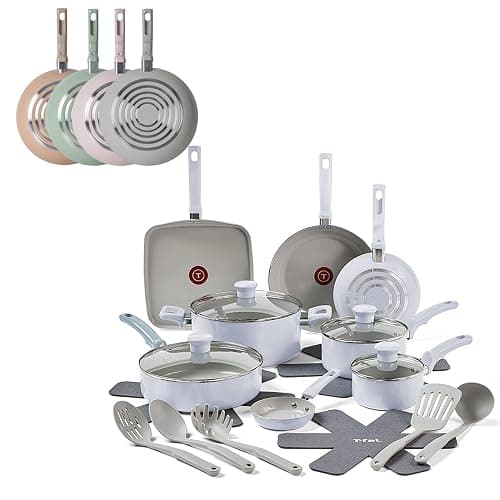 T-Fal Refresh Ceramic Nonstick Cookware Set, 20-Piece, Oven Safe to 350°F, Includes Stockpot, Griddle, Frying Pans, Utensils, Ceramic Pots and Pans Set, Blue - Image 1