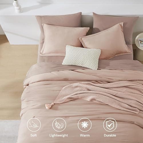 WRENSONGE Queen Comforter Set - 7 Pieces Clay Pink Soft Bed in a Bag Queen with Fitted Sheet, Flat Sheet, 2 Pillow Shams, and 2 Pillowcases- Warm Bedding Sets for All Season thumbnail 5