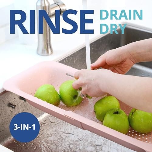 BLUE GINKGO Over The Sink Colander Strainer Basket - Wash Vegetables and Fruits, Drain Cooked Pasta and Dry Dishes - Extendable - New Home Kitchen Essentials (20 W x 36.8-49.5 L x 6.9 H cm) - Pink thumbnail 5