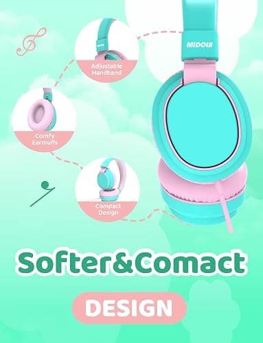 MIDOLA Kids Headphone Wired Volume Limited 85/94dB Over-Ear/On-Ear Foldable Headset with Microphone Hearing Protection Headphones for Toddler Boy Girl Child School Learning Pad Tablet Cyan thumbnail 6