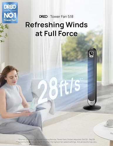 DREO Tower Fan for Bedroom, 28 ft/s, 20dB Quiet Fans that Blow Cold Air, 9 Speeds, 4 Modes, 12H Timer, Oscillating Cooling Standing Floor Fan Powerful for Indoor Home Office Room, LED Display, 42 inch thumbnail 2
