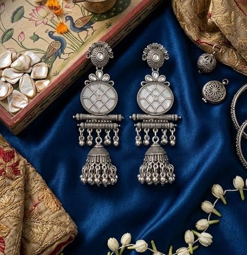 Indian Silver Oxidized Jhumkas Earring for Women Indian Ethnic Traditional Lighweight Dangle Long Jhumka Hoop Earring Jewelry Birthday Gifts thumbnail 3
