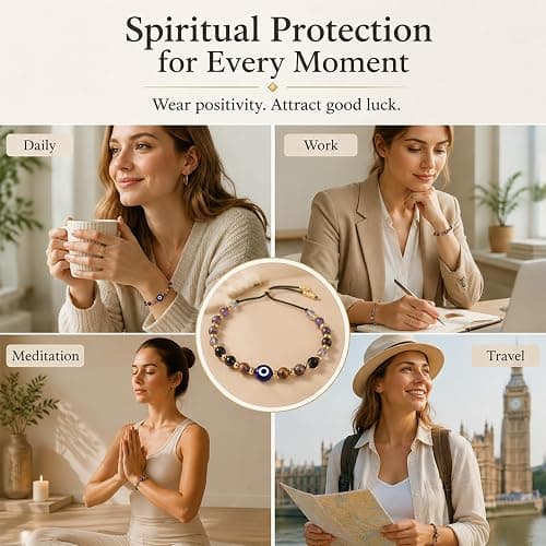 Evil Eye Bracelet, Adjustable Evil Eye Bracelet With 5 Natural Crystal Beads, Spiritual Protection Bracelet For Women And Men, Good Luck Stone Jewellery Gift With Meaning Card, Everyday Wear Meditatio thumbnail 7