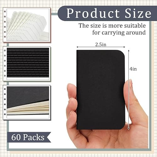 Qeeenar 60 Pcs Pocket Notebook Mini Journal Bulk, 2.5" x 4" Kraft Paper Small Lined Notepads Softcover Cute Memo Diary Subject Notepads for Kids Student Back to School Supplies(Black) thumbnail 3