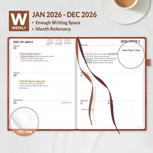 SUNEE 2026 Weekly & Monthly Hardcover Planner 5.5" x 8.3" - 12 Month (January 2026 - December 2026), Small Hardcover Planner, Pocket, Notes, 100 GSM Paper, Brown thumbnail 3