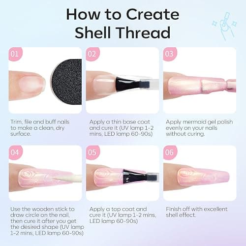 modelones Cat Eye Gel Nail Polish, 6 Colors Shimmer Pearl Magnetic Nail Drawing Set with Magnet, Iridescent Mermaid Swirl Shell Thread Purple Pink Blue Glitter, DIY Manicure Gift for Women Girl thumbnail 7
