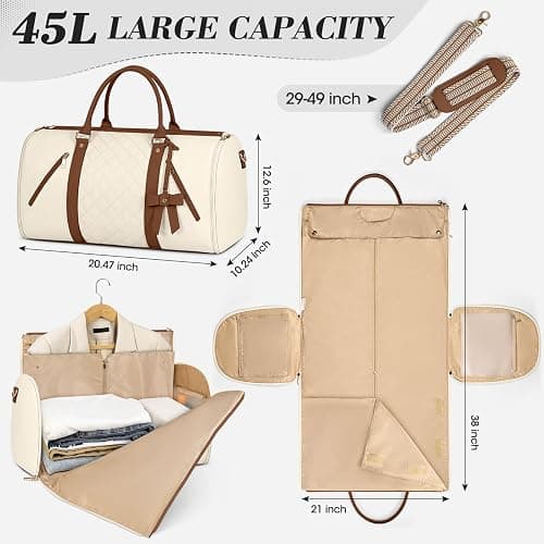 RAINSMORE Garment Bags for Travel Women Leather Convertible Garment Duffle Bag With Shoe Pouch,Large Carry On Garment Bag Dress Suit Business Travel Bags Beige thumbnail 6