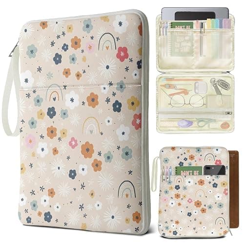 QRZIQRZ Rainbow Book Sleeve Pouch with Zipper, Paperback Book Protector Case,PU Leather Waterproof Book Pouch,Cute Floral Print Travel Book Carrying Case for Book Lovers Women,Book Cover for Hardcover - Cute Rainbow Floral - Image 1