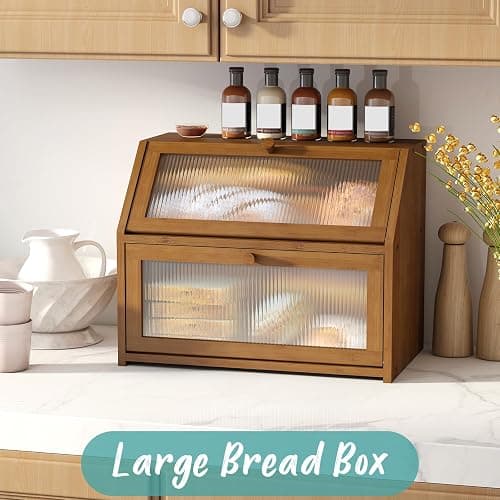 Vriccc Bread Box for Kitchen Counter, Large Bamboo Wood Double Layer Bread Box, Wooden Bread Storage Capacity thumbnail 4