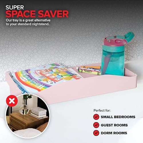 Modern Innovations Bedside Shelf for Bed, College Dorm Room, Bunk Bed Shelf for Top Bunk, Clip On Nightstand, Baby Changing Table Tray, Cup Holder for Kids, Bunkbed Caddy for Table Storage (Pink) thumbnail 6