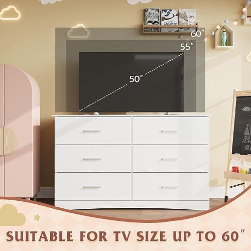 WLIVE White Dresser with 6 Drawers, Wide Wooden Chest of Drawers for Bedroom, Large White Storage Tower Unit, Modern Minimalist Closet Store Organizer for Living Room, Hallway thumbnail 5