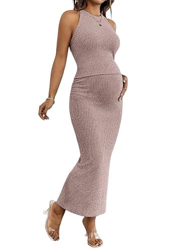 SHENHE Women's Maternity 2 Piece Outfits Tank and Bodycon Maxi Skirt Set | Pregnant Outfit,Solid Color,Round Neck,Sleeveless Cropped Top And Adjustable Waist Skirt - Image 1