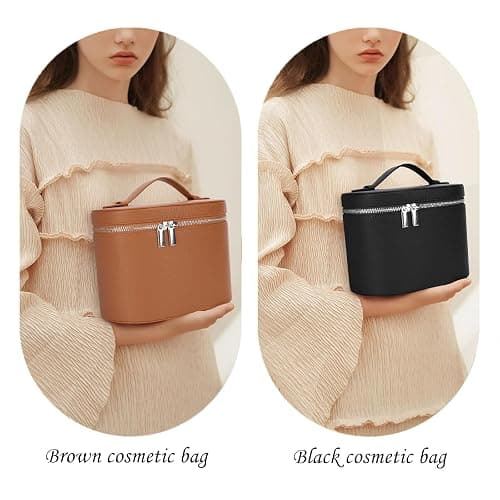 IEMIEBOAMGNOY Leather Make Up Bags With Compartments, Brown travel Cosmetic Bags for Women, Parallel Makeup Travel Bags Organizer Equipped With a Detachable Divider thumbnail 5