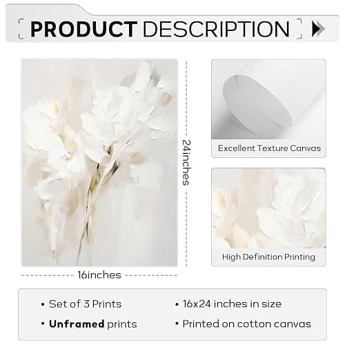 Neutral Wall Art Abstract Floral Canvas Pictures Beige Flower Wall Decor Modern Painting Minimalist Poster Abstract Botanical Prints White Artwork for Bedroom Living Room 16x24 Inch Unframed Set of 3 thumbnail 2