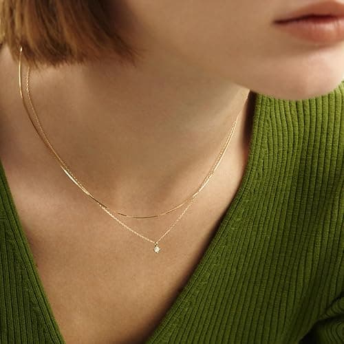 ROAMORE 2 PCS Layered Necklaces For Women 14K Gold Plated Stackable Chain Choker Dainty Silver Layering Necklace Cubic Zirconia Pendant Set Simple Jewelry thumbnail 2