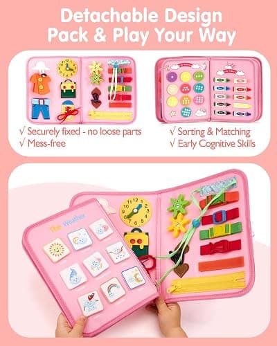 hahaland Busy Board Montessori Toys Busy Book Toddler Girl Gifts Travel Toy | Toddlers Educational Learning Toys with Life Skills, Alphabet, Number, Shape, Color, Weather, Detachable Pages for Car Ride thumbnail 6