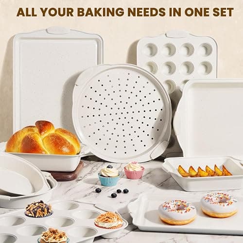 Kikcoin 22 PCS Nonstick Baking Pans Set, Stackable Bakeware Sets with Silicone Handles, 450°F Oven Safe Baking Sheet Set, Easy Release Cookie Sheets for Baking, Cream thumbnail 2