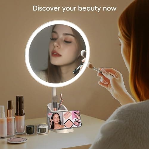 Yls Rechargeable Lighted Makeup Mirror with 1x/10x Detachable Magnification, Vanity Mirror with 3 Color Adjustable Lighting,Qi-Enabled Charging,and 360 °Rotating Design thumbnail 6
