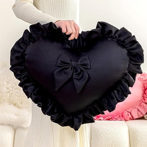 MOJUN Black Heart Pillow, Soft Heart Shaped Pillow with Bow Ruffle Design Love Room Decor Pillows for Sofa Bed Chair Cute Heart Shaped Throw Pillow Cushion for Bedroom Living Room thumbnail 7